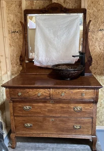 Victorian Tiger Dresser Remade Into Bathroom Vanity With Brown Sink and Faucet - Picture 1 of 14