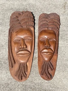 Vintage 70’s 80’s Hand Carved Jamaican Art Wood Faces (2) Dreadlocks Rostafari - Picture 1 of 14