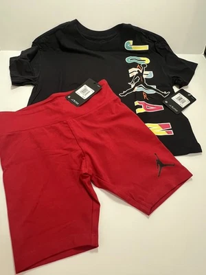 NUEVO NIKE Air Jordan PANTALONES CORTOS ROJOS + NIKE Air Jordan CAMISETA NEGRA Niñas Talla M Foto 1 de 4
