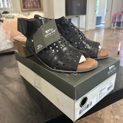 ¡NUEVO! Sandalias Spring Step Dorotha 42 10.5 11 de tacón bloque de cuero negro recortado Foto 1 de 4