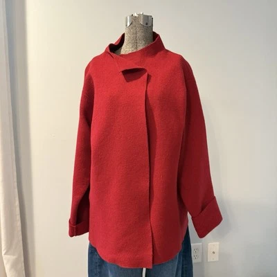 Chaqueta Eileen Fisher 100 % lana mediana roja capucha capa a presión talla grande M Foto 1 de 4