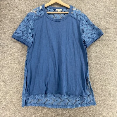 Camiseta Umgee Mujer S Pequeña Azul Geométrica Crochet Manga Corta Cuello Redondo Algodón Foto 1 de 4