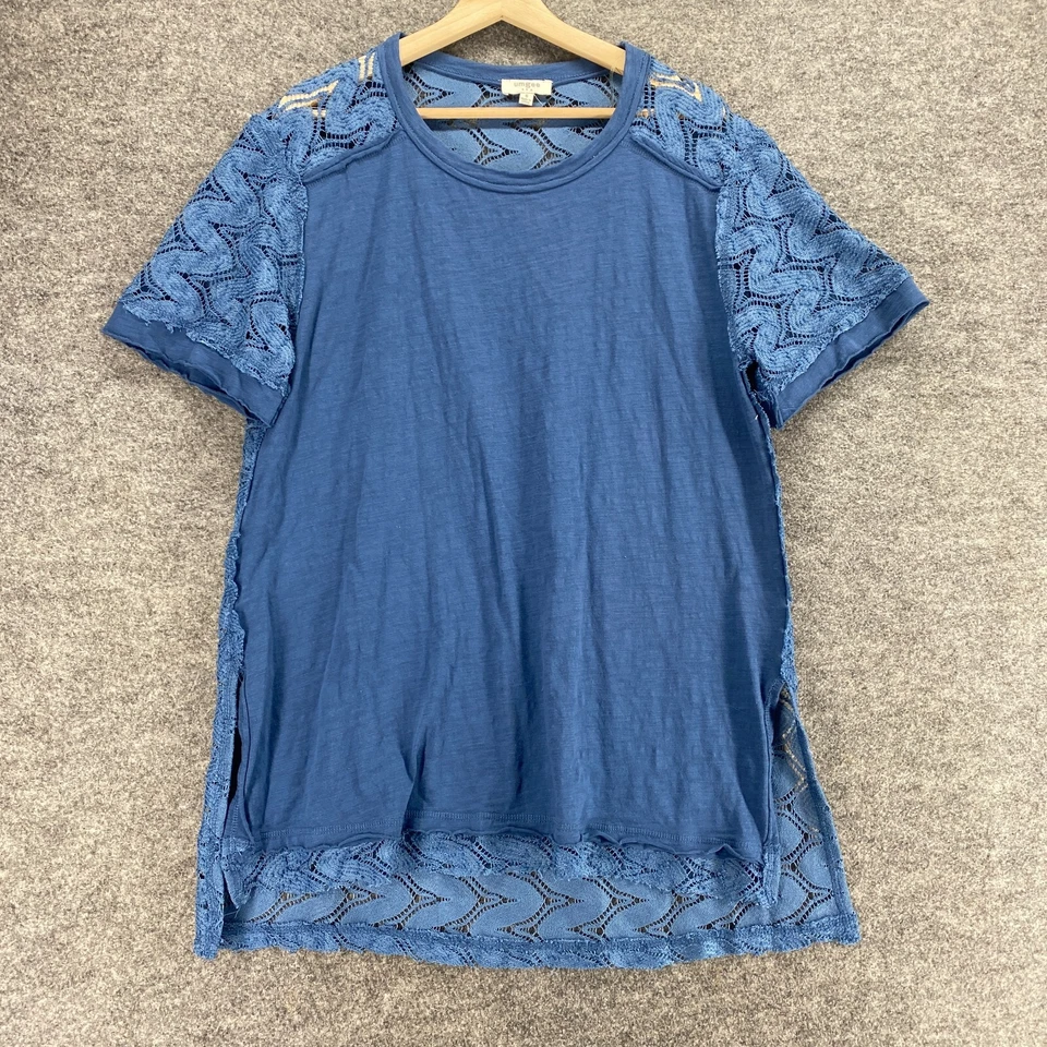 Camiseta Umgee Mujer S Pequeña Azul Geométrica Crochet Manga Corta Cuello Redondo Algodón Foto 1 de 4