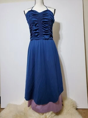 Vestido Vintage Años 70 PBJ Azul y Lila Poli Satén Talla L Volup Pinup Movible Discoteca Foto 1 de 4