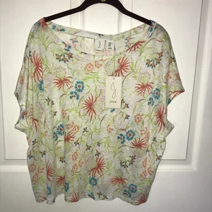 JOIE NEW Linen White Blouse Short Sleeve Shirt Linen Floral WOMEN’s Size XLarge - Picture 1 of 6