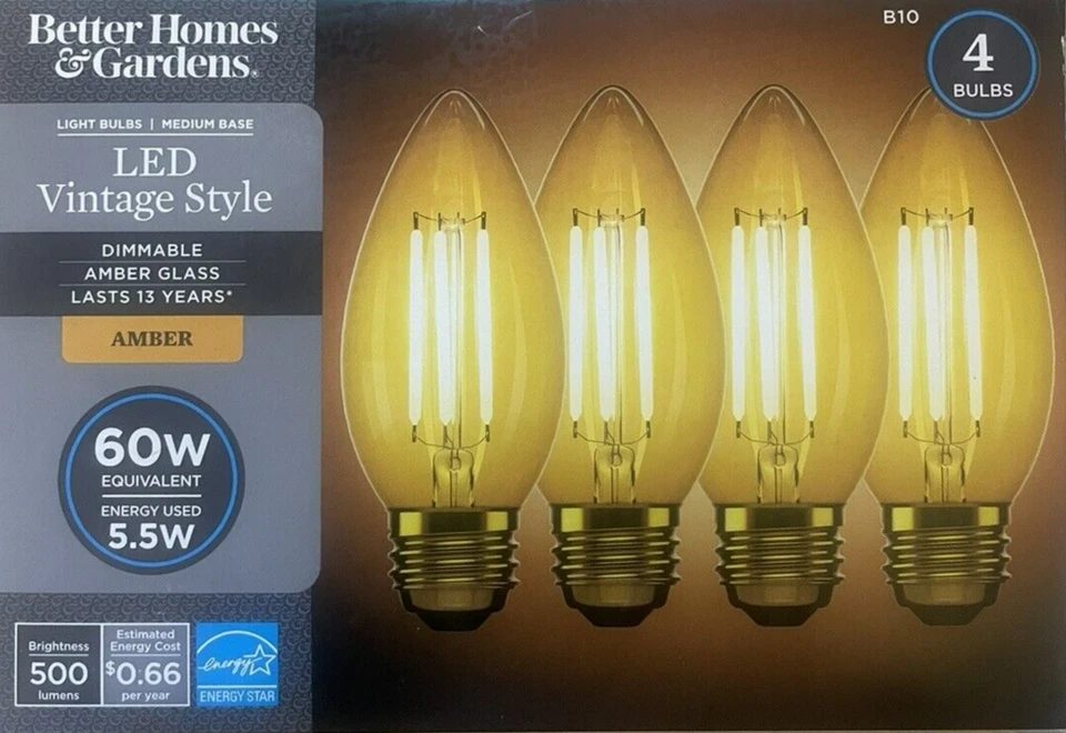 4 Better Homes 60-Watt Amber Clear Vintage Style B10 LED Bulbs w/Standard Base - Image 1 of 1