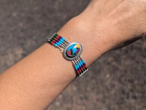 Vintage Native American Sterling Silver Multi Stone Inlay Zuni Bracelet Sz 7.25 - Picture 1 of 8
