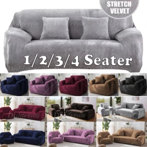 VELVET Elastic STRETCH SOFA COVERS Settee Slipcover Protector 1/2/3/4Seater UK - Picture 1 of 50