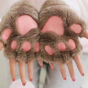 Cute Cat Claw Plush Mittens Fluffy Bear Gloves Costume Half Finger Party Gift DR - Picture 1 of 15
