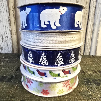 5 PC Set Celebrate It Christmas Ribbon Blue White Polar Bear Trees Snowflake NEW - Image 1 of 2