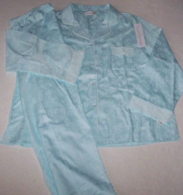 NWT Miss Elaine AQUA BLUE FLORAL Brushed-Back SATIN Pajama Set S LACE TRIM - Image 1 of 4
