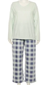 Sonoma Fleece Pajamas - V Neck Top - Mint & Blue & Gray Checks - 2X - NEW/TAG - Picture 1 of 7