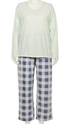 Sonoma Fleece Pajamas - V Neck Top - Mint & Blue & Gray Checks - 2X - NEW/TAG - Image 1 of 4