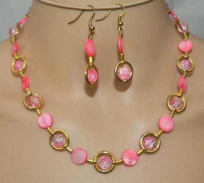 2er Schmuckset Kette Ohrring Perlmutt Scheibe Glas Perle Rosa Koralle gold 297a - Bild 1 von 4