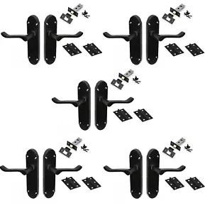 Complete door handle pack of 5 Matt black Shaped scroll inc Hinges and latches - Picture 1 of 7