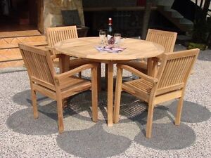 5-Piece Outdoor Teak Dining Set: 48" Round Table, 4 Stacking Arm Chairs Leve