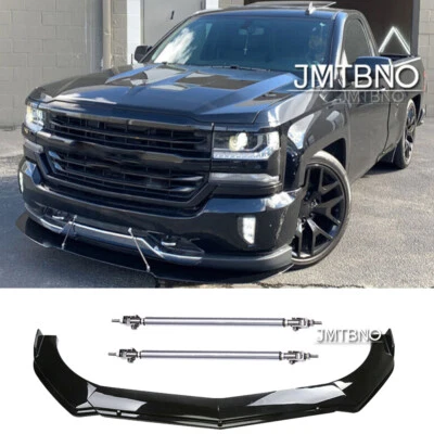 Glossy Black Front Bumper Lip Splitter+ Strut Rods For Chevrolet Silverado 1500 - Image 1 of 4