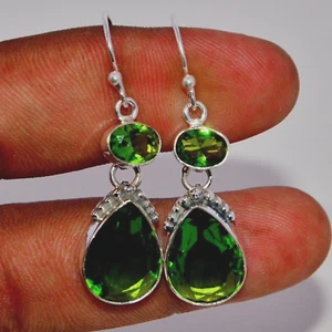 Green Peridot Gemstone Dangle Earring, 925 Sterling Silver Handmade Earring 1.8" - Picture 1 of 4