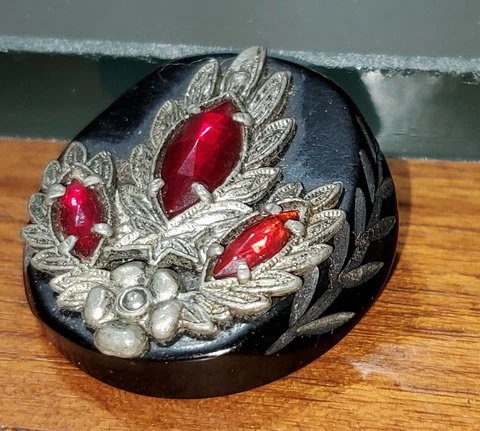 Antique Vintage BUTTON X-Large Ruby and Silver on Carved Black BAKELITE NICE Cover
