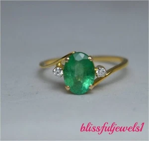 Oval Cut 1.65CT Real Green Emerald Engagement 3-Stone Ring 14K Yellow Gold Over - Picture 1 of 6
