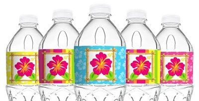 Envolturas para botellas Luau - 20 etiquetas para botellas de agua Luau - Decoraciones Tiki Luau - Hecho Foto 1 de 2
