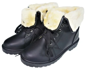 Sz 9 Olivia Miller Luanne 105469 Black PU Ankle Boot Faux Fur Fold Down Snap  - Picture 1 of 8
