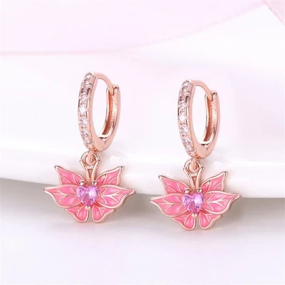 Подарки женские ювелирные изделия серьги-капли с розовыми бабочками серебро 925 пробы KUNSIR - Изображение 1 из 4