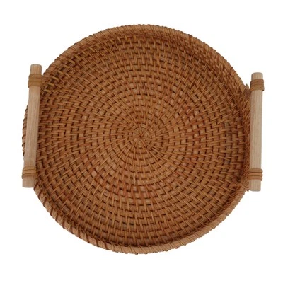 Rattan Fruit Tray With Solid Wood Handles Exquisite Hand Woven Round Servin DM - Image 1 of 4