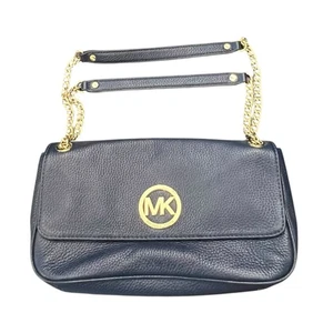 Michael Kors Small Shoulder Bag Purse Navy Blue Pebbled Leather Gold Chains $228 - Picture 1 of 17