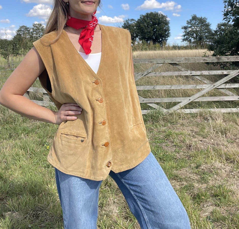 Vintage Size 3XL 16-20 Tan Brown Genuine Suede Leather Waistcoat Camel - Image 1 of 4