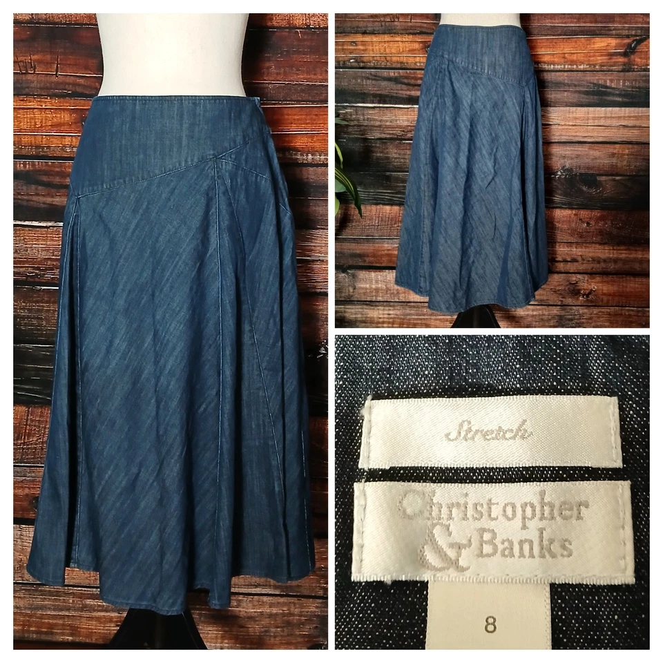 Falda Christopher & Banks Talla 8 Midi Acampanada Denim Azul Jean Cremallera Lateral Panellada Foto 1 de 4