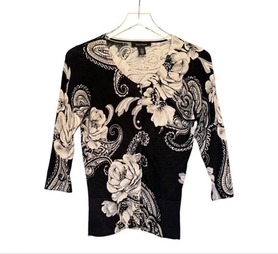 Cárdigan para mujer White House Black Market negro blanco floral cachemira XS Foto 1 de 4