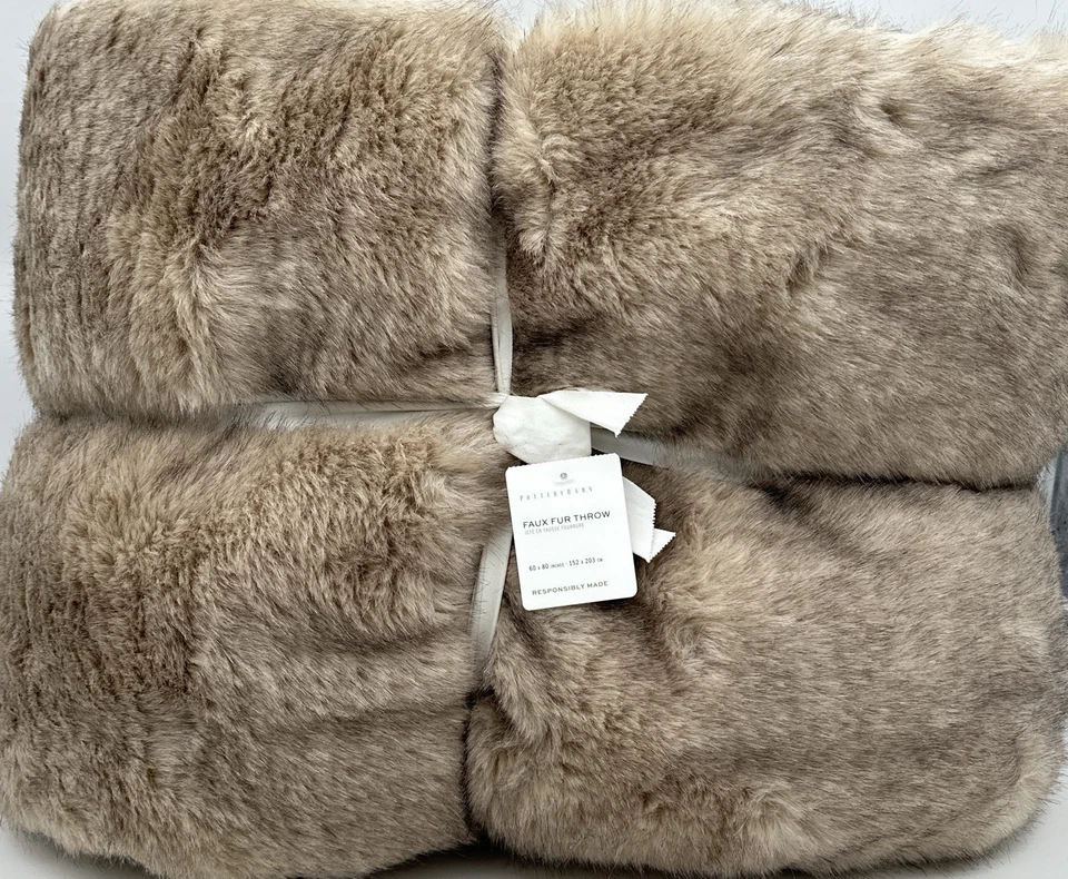 Pottery Barn Faux Fur Mink Oversized Throw Blanket ~Tipped Taupe~ 60" x 80" NEW - Image 1 of 1