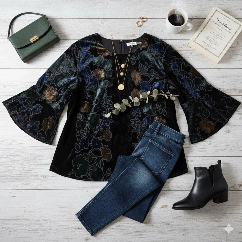 Calvin Klein 1X Top Negro Terciopelo Burnout Floral Boho Capricho Fiesta Fairycore Foto 1 de 4