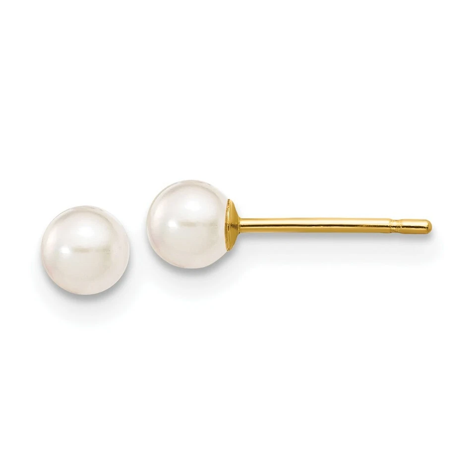 14k 3-4mm Round White Saltwater Akoya Cultured Pearl Stud Post Earrings Xf490e