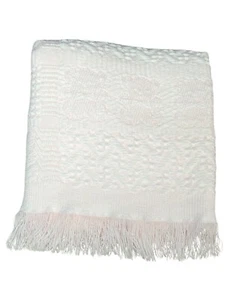Vintage Baby Blanket Pink White Acrylic Fringe Teddy Bears Fancy Weave Japan - Picture 1 of 8