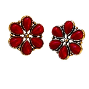 Red Cluster Stud Earrings Faux Coral Zuni Navajo Native American Western Style - Picture 1 of 7