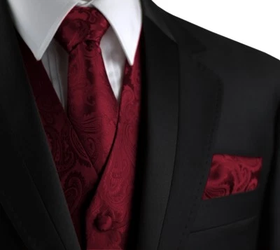 MEN'S BURGUNDY PAISLEY FORMAL TUXEDO VEST, TIE & HANKIE SET. WEDDING FORMAL PROM - Image 1 of 4