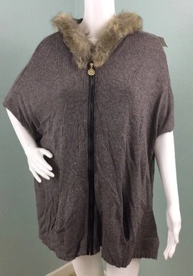 Novo com etiquetas suéter poncho feminino Anne Klein com capuz com zíper acabamento em couro sintético tamanho grande - Imagem 1 de 4