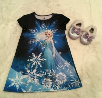 Disney Parks Frozen Elsa Snowflake Rhinestone NightGown Anna Sequin Slipper Set - Photo 1/4