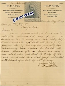 1899 LETTERHEAD Dana Indiana W.D. McFALL boots .. shoes .. hats .. caps clothing - Picture 1 of 1