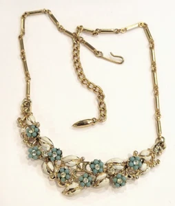 CORO Whtie Enamel Turquoise Blue Flower Rhinestone Gold T Choker VTG Necklace - Picture 1 of 6