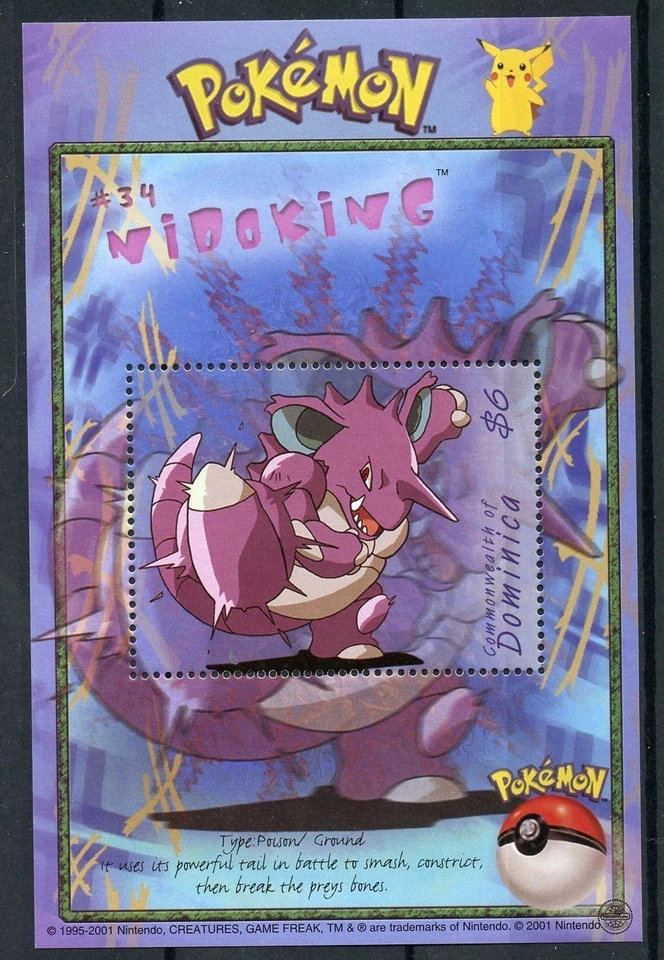 Dominica 2001 - Pokemon #34 Nidoking - Souvenir Stamp Sheet - Scott #2267 - MNH - Image 1 of 1