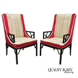 James Mont Style Black Chinese Chinoiserie Fretwork Red Lounge Chairs - a Pair - Picture 1 of 12