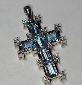 Solid platinum 1.79 carat natural aquamarine diamond cross pendant 5.74 gms *GIA - Picture 1 of 22