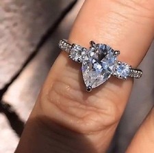 Moissanite Engagement Ring 14k White Gold Certified 2.05 Ct Off White Pear Cut