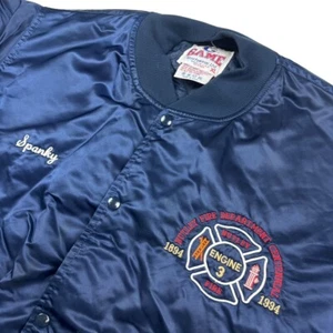 VTG GAME "Spanky" Nutley Fire Department Men's Satin Bomber Jacket Blue • XLarge - Picture 1 of 7