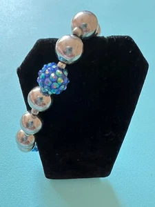 Silver and Blue Crystal Bead Stretch Bracelet - Picture 1 of 3
