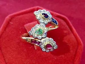 Anello Diamanti Oro 18K Zaffiri Smeraldo Gemme Fatto a Mano Anello Oro per Donna 6 US - Foto 1 di 18
