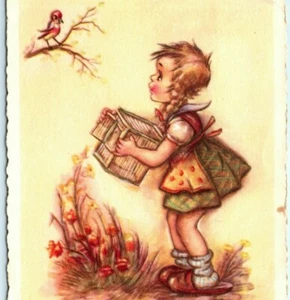 Young Child Girl Trying To Catch A Bird in A Cage Illustrated Vintage Postcard - Picture 1 of 4